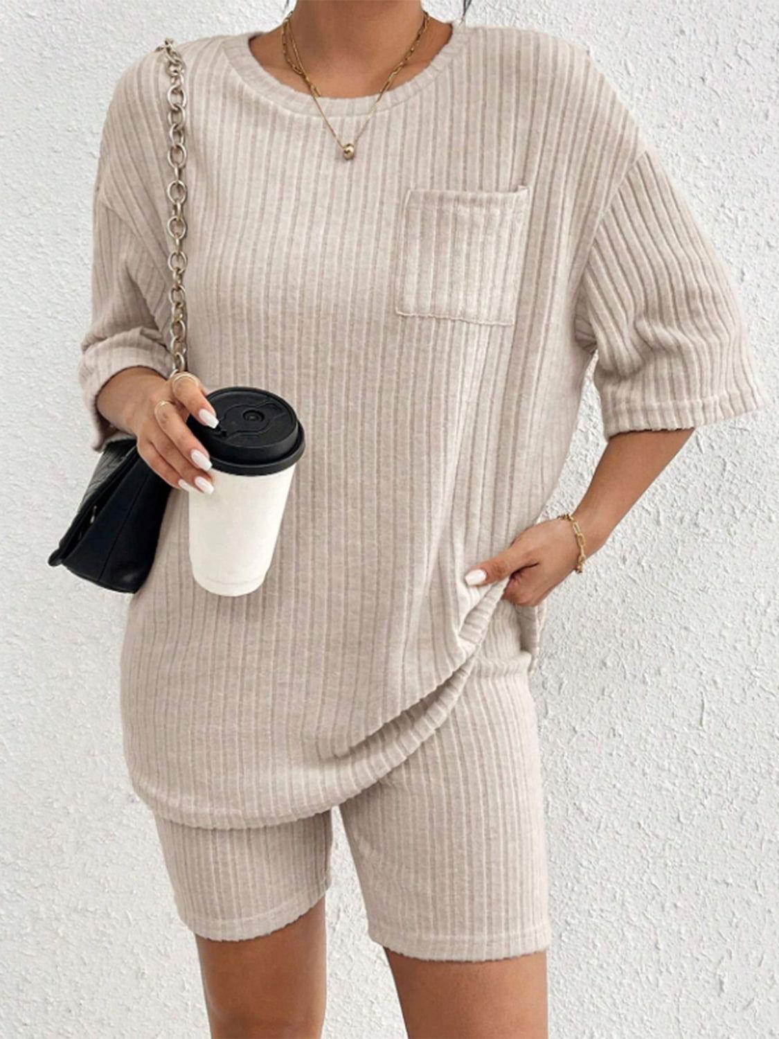 Ribbed Round Neck Top and Shorts Set - Clothes For Her Online Store