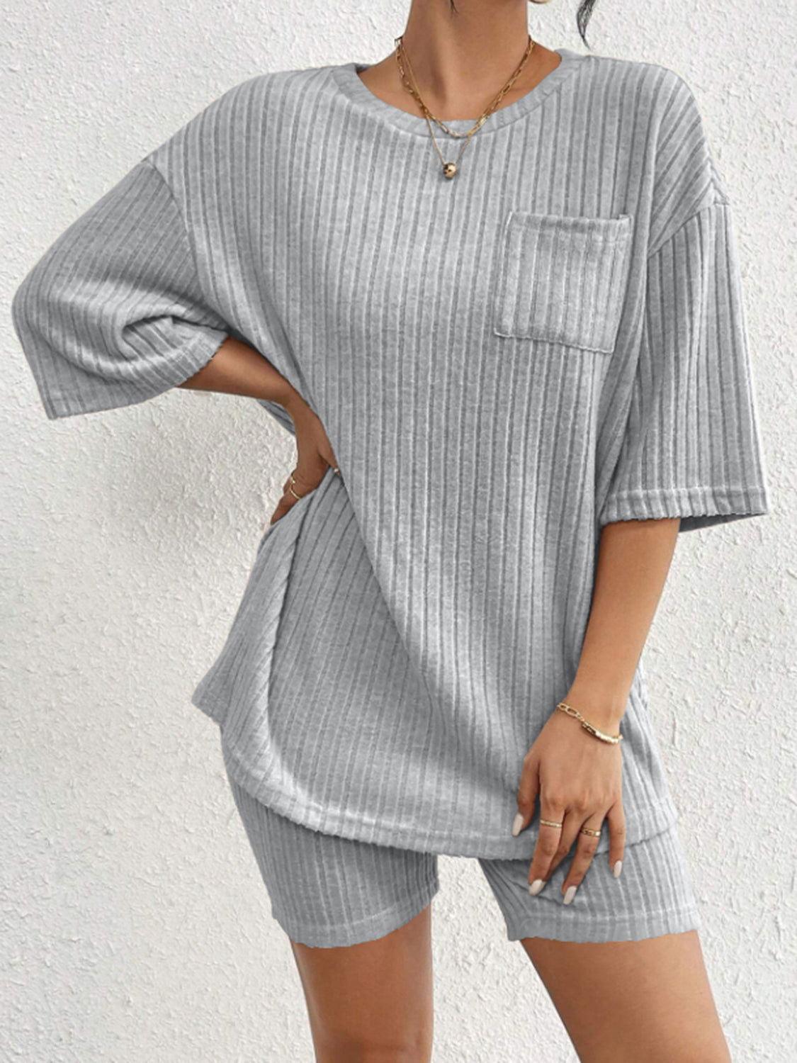 Ribbed Round Neck Top and Shorts Set - Clothes For Her Online Store