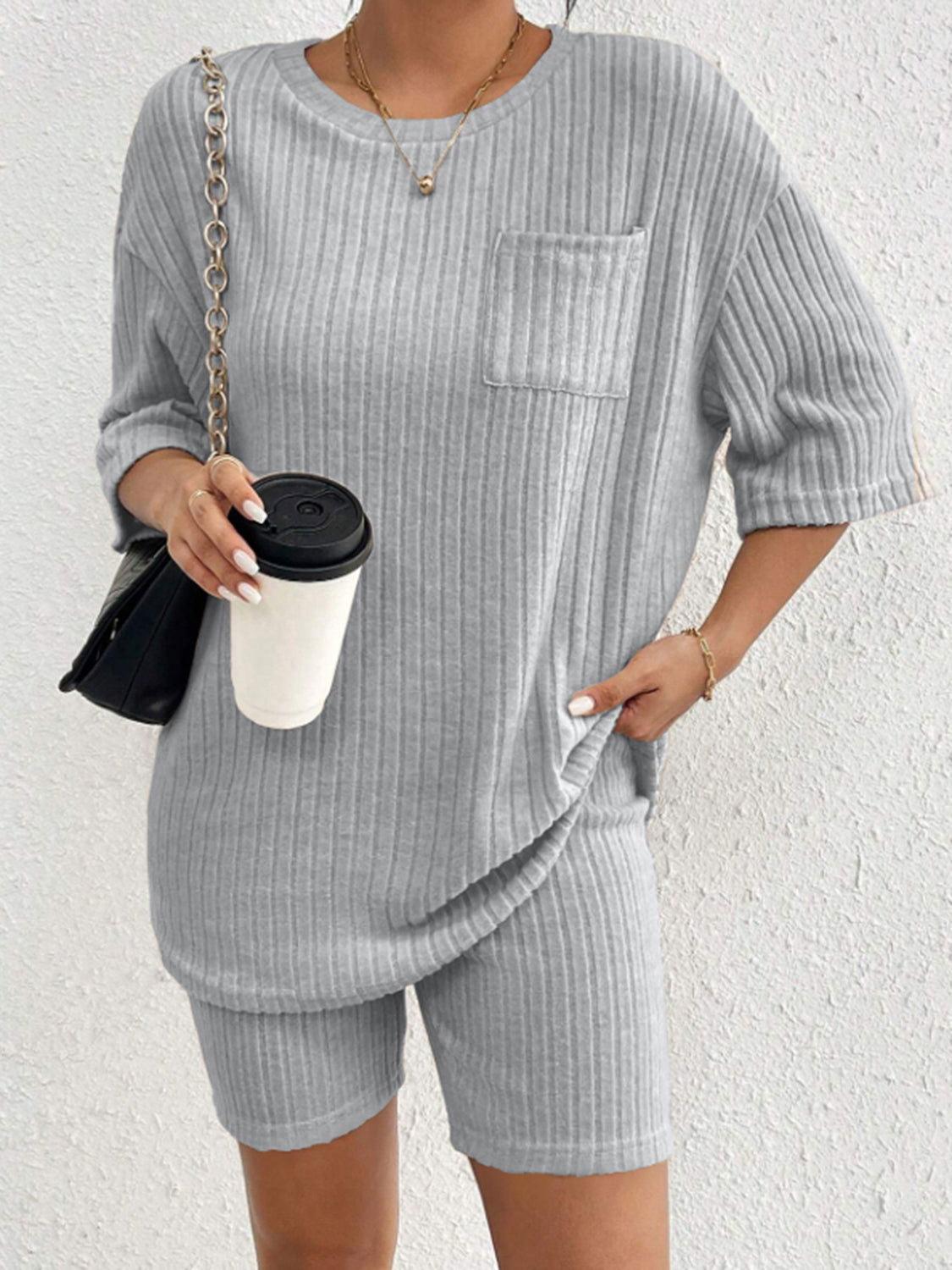 Ribbed Round Neck Top and Shorts Set - Clothes For Her Online Store