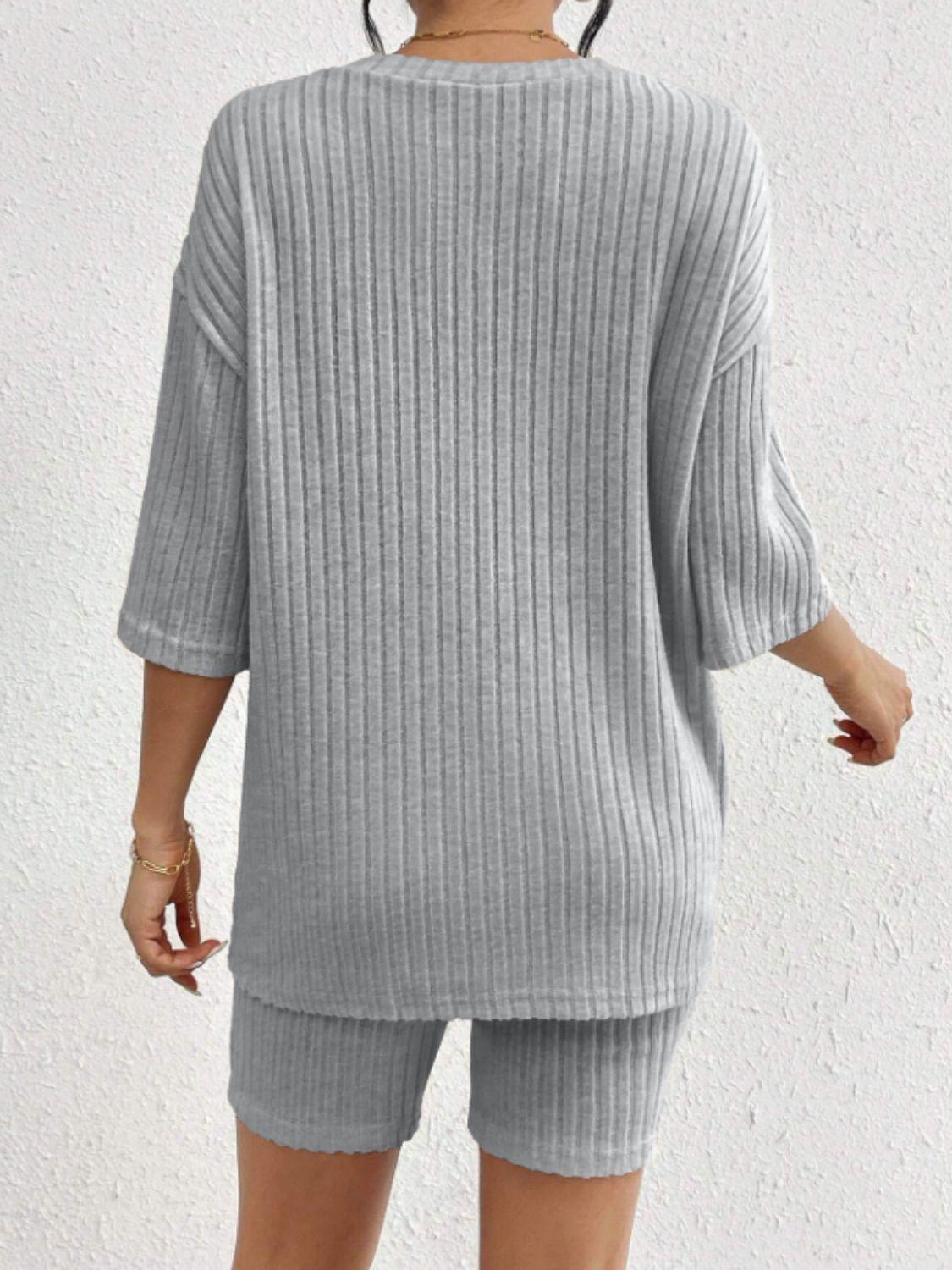 Ribbed Round Neck Top and Shorts Set - Clothes For Her Online Store