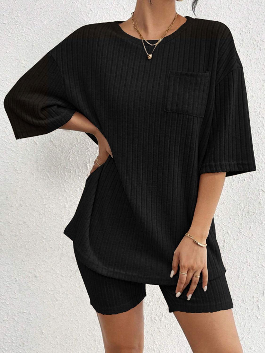 Ribbed Round Neck Top and Shorts Set - Clothes For Her Online Store