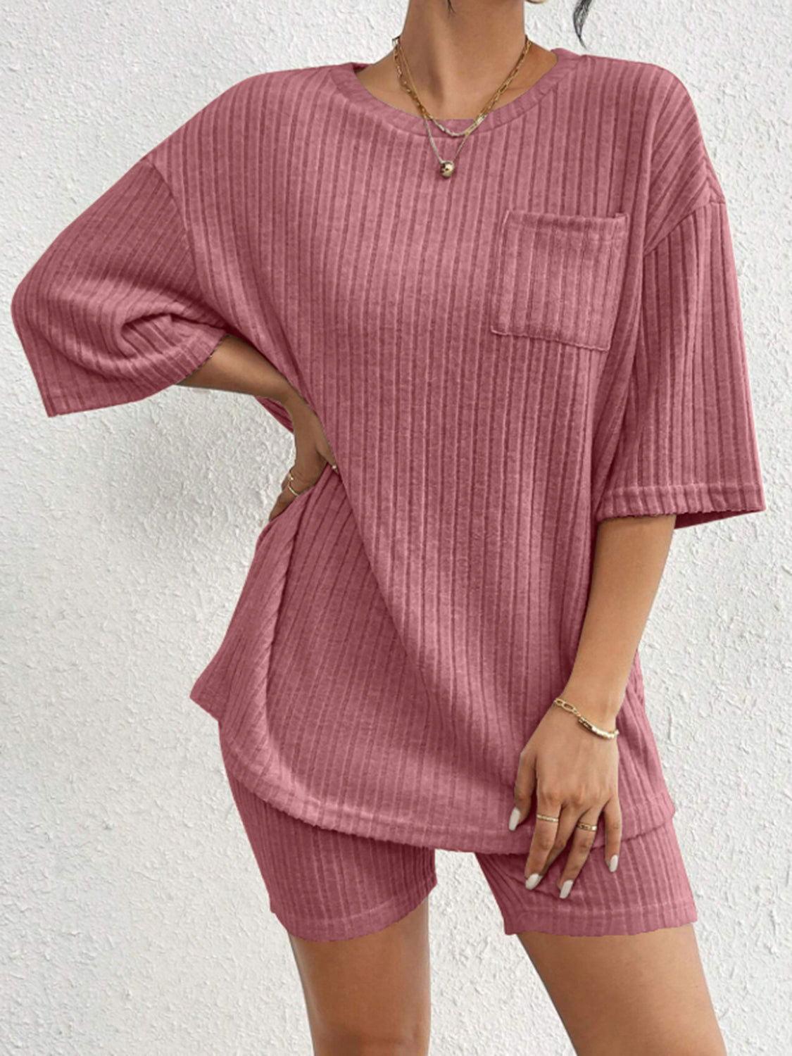 Ribbed Round Neck Top and Shorts Set - Clothes For Her Online Store