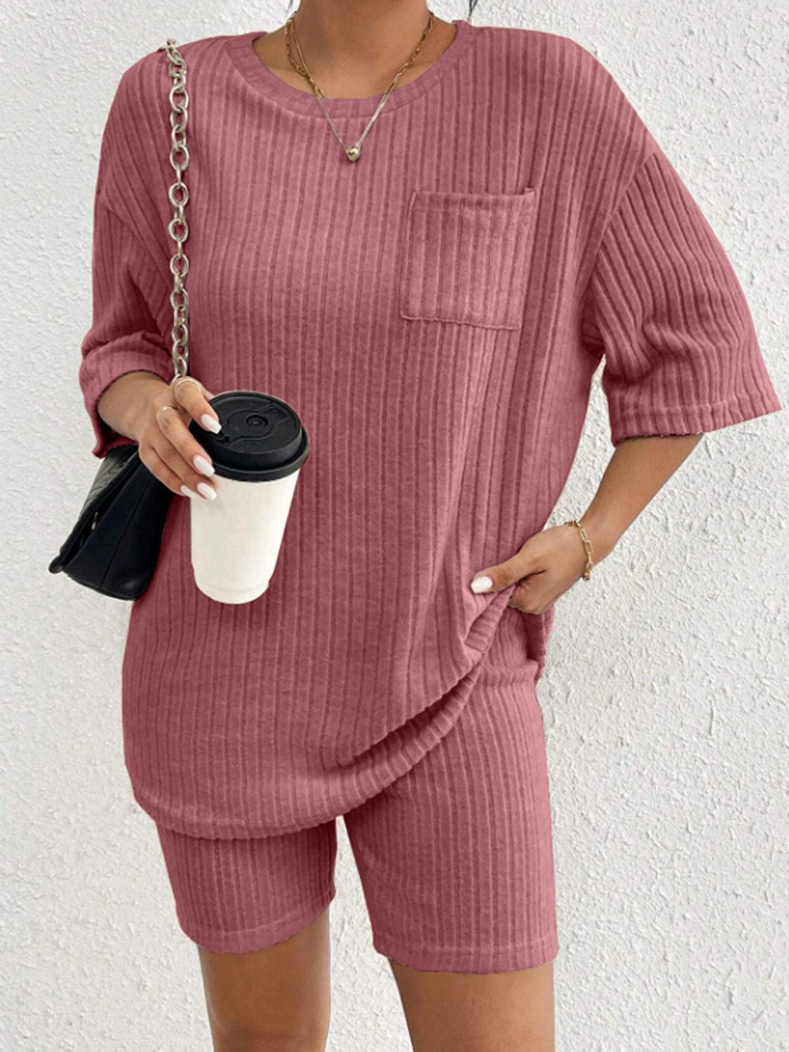 Ribbed Round Neck Top and Shorts Set - Clothes For Her Online Store