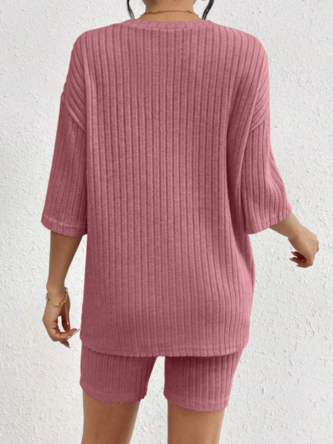 Ribbed Round Neck Top and Shorts Set - Clothes For Her Online Store