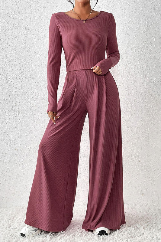 Ribbed Round Neck Top and Wide-Leg Pants Set - Clothes For Her Online Store