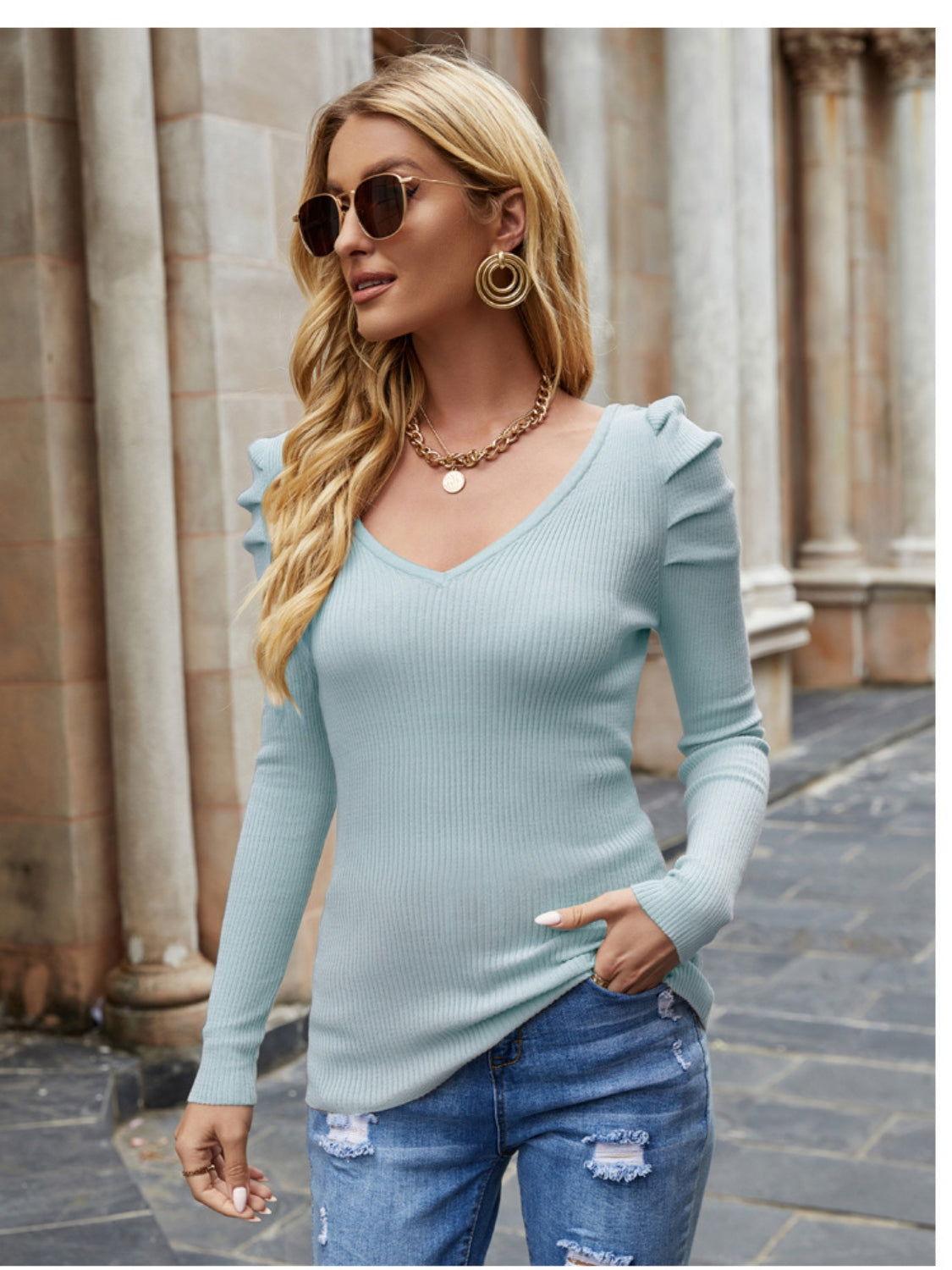 Ribbed V-Neck Puff Sleeve Sweater - Clothes For Her Online Store