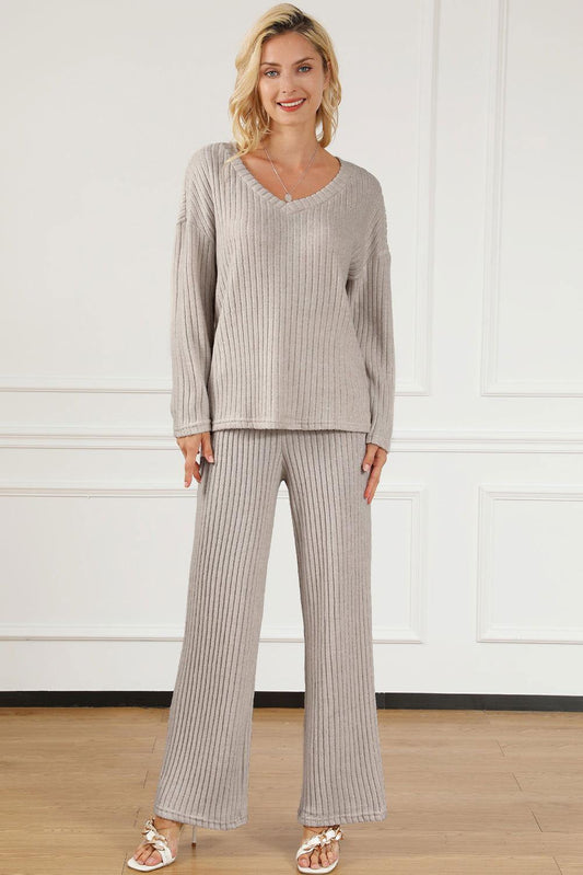Ribbed V-Neck Top and Pants Lounge Set - Clothes For Her Online Store