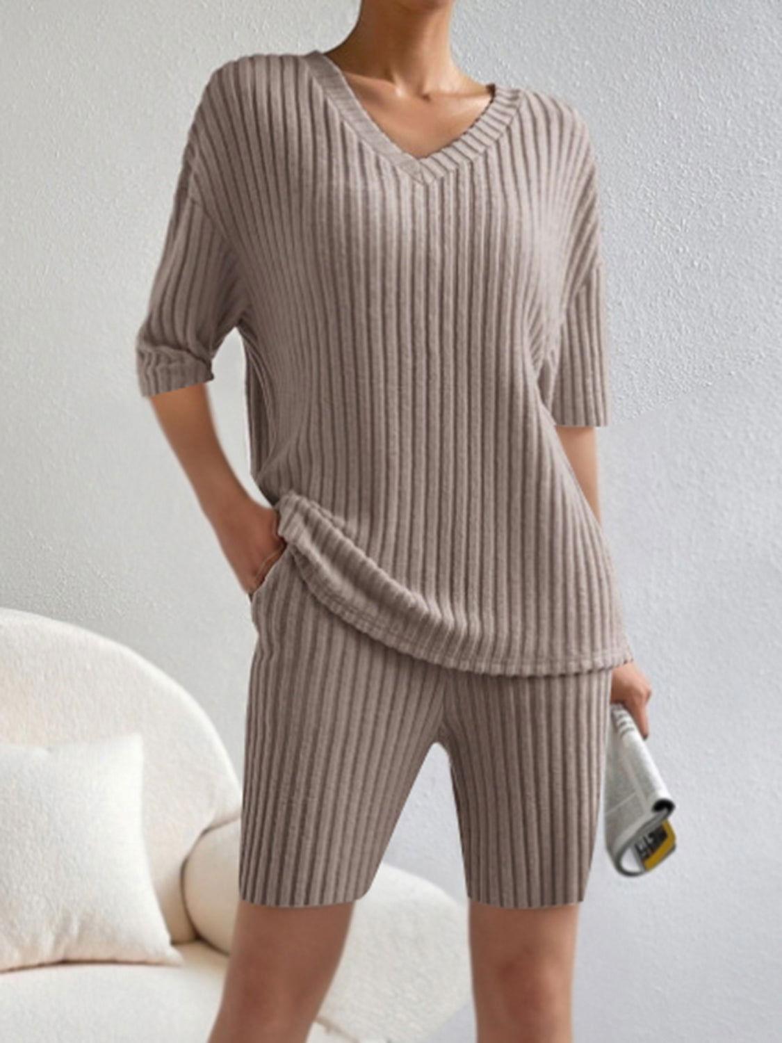 Ribbed V-Neck Top and Shorts Set - Clothes For Her Online Store