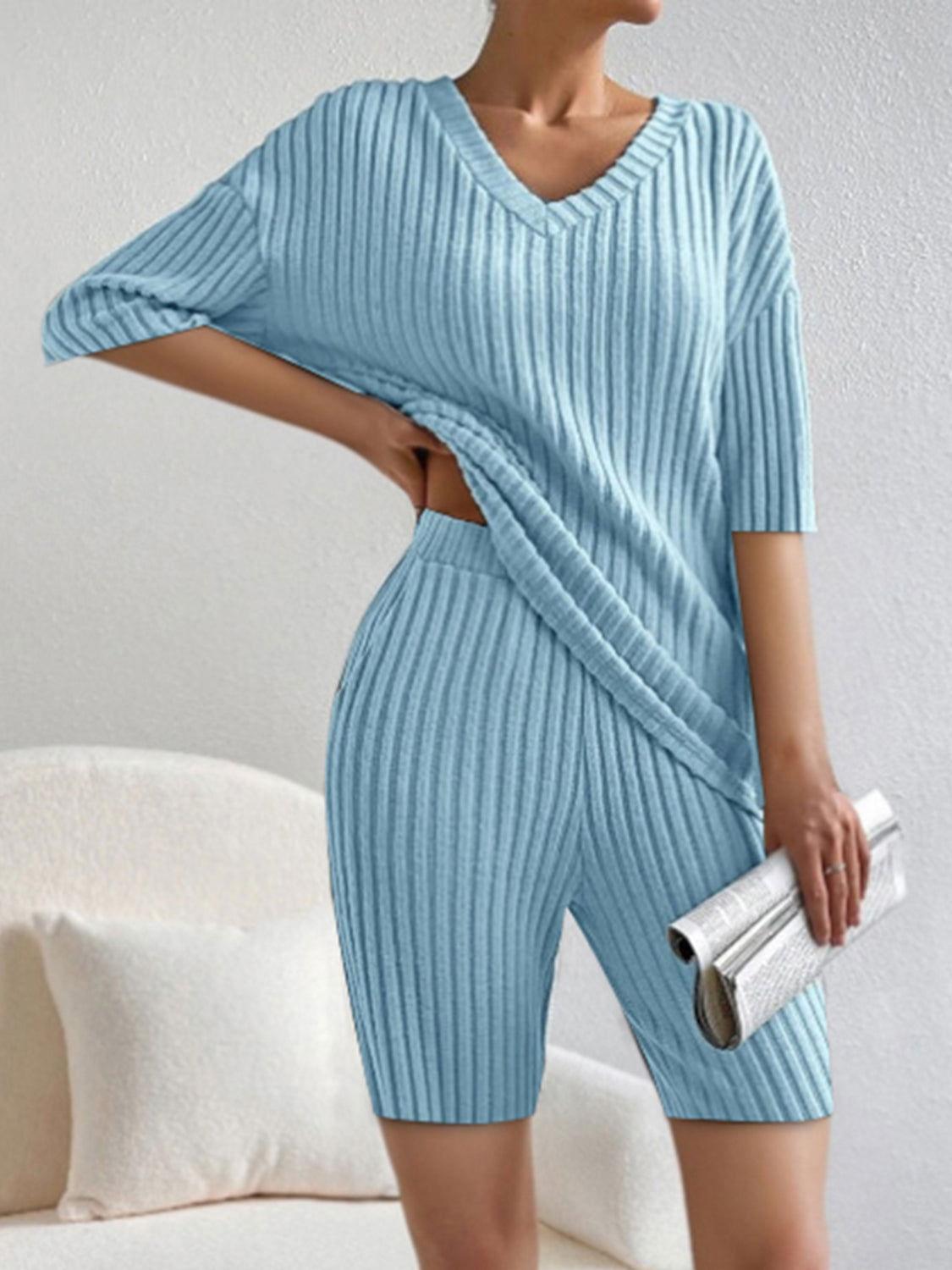 Ribbed V-Neck Top and Shorts Set - Clothes For Her Online Store