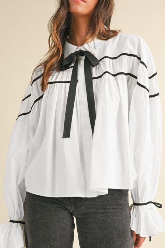 Ribbon Bowtie Collared Neck Flounce Sleeve Shirt - Clothes For Her Online Store