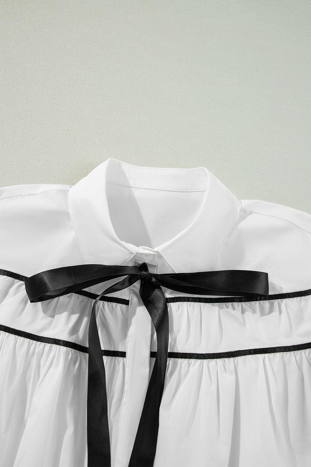 Ribbon Bowtie Collared Neck Flounce Sleeve Shirt - Clothes For Her Online Store
