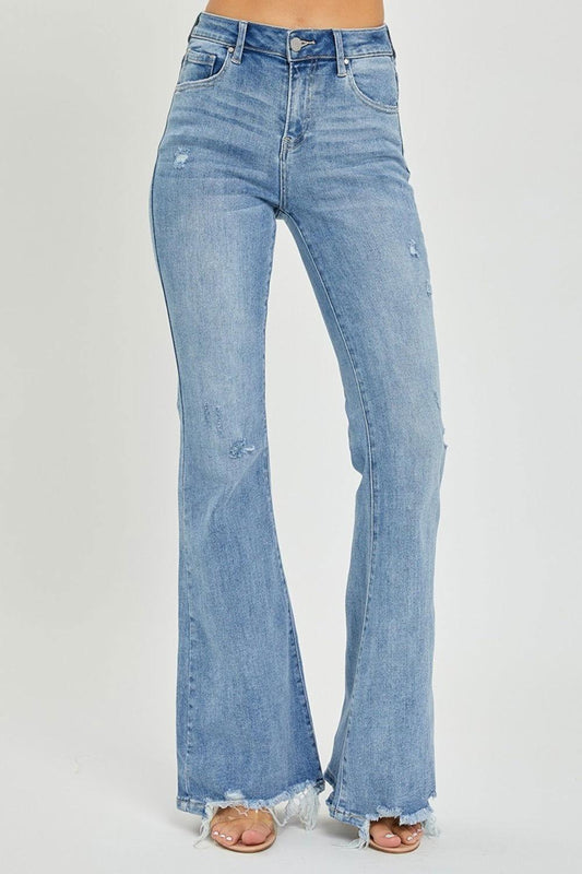 Risen Full Size High Rise Frayed Hem Flare Jeans - Clothes For Her Online Store