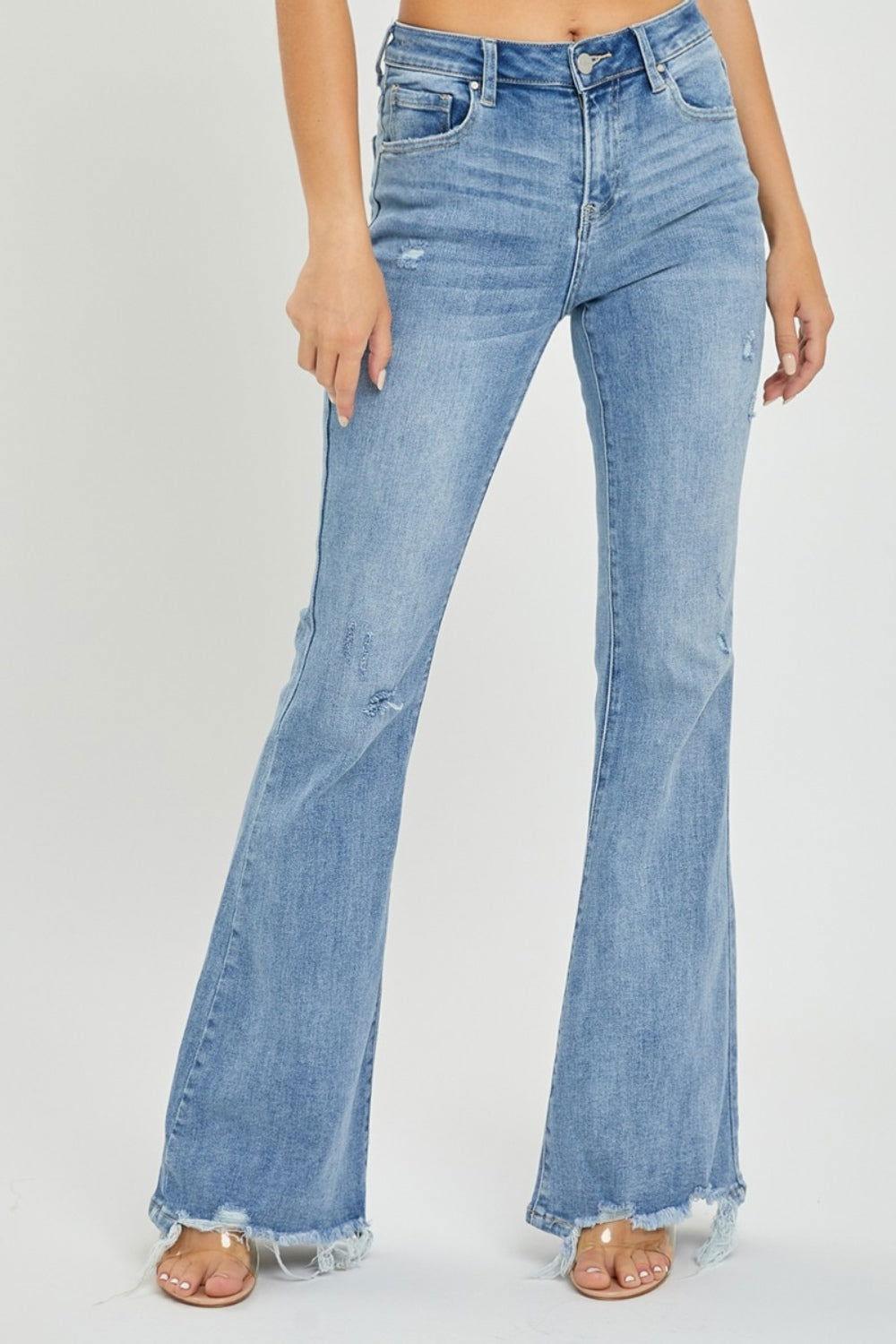 Risen Full Size High Rise Frayed Hem Flare Jeans - Clothes For Her Online Store