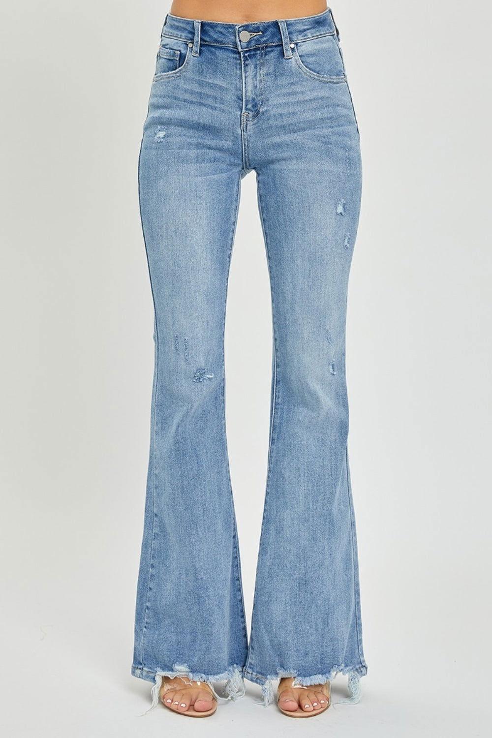 Risen Full Size High Rise Frayed Hem Flare Jeans - Clothes For Her Online Store