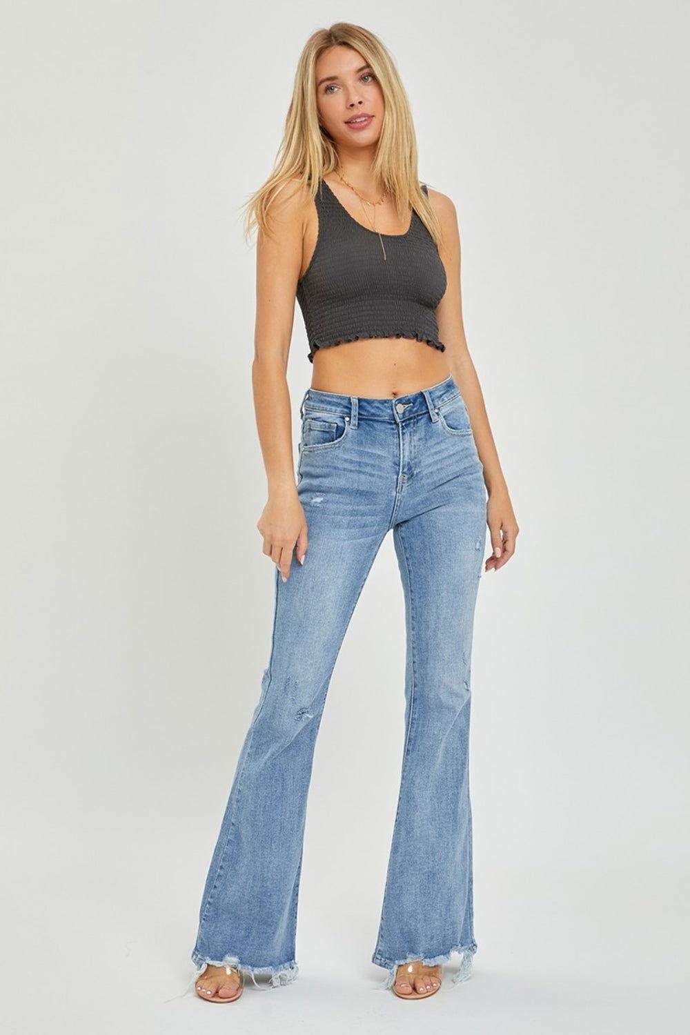 Risen Full Size High Rise Frayed Hem Flare Jeans - Clothes For Her Online Store