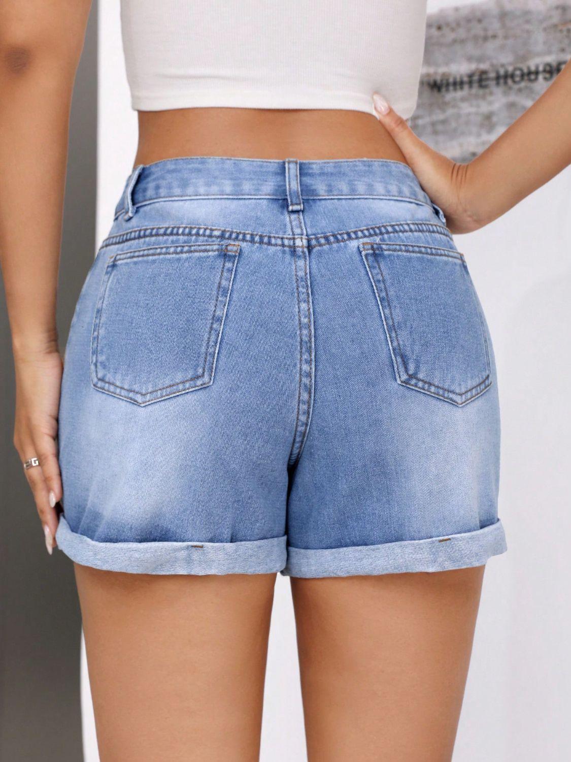 Rolled Hem Mid-Rise Waist Denim Shorts - Clothes For Her Online Store