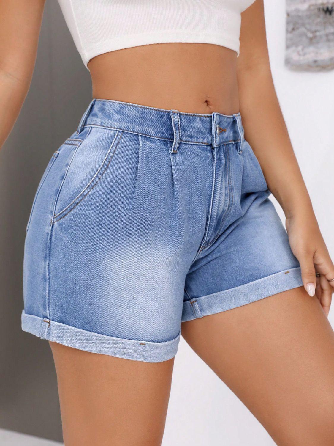 Rolled Hem Mid-Rise Waist Denim Shorts - Clothes For Her Online Store