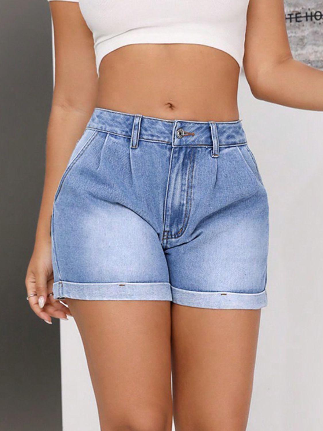 Rolled Hem Mid-Rise Waist Denim Shorts - Clothes For Her Online Store