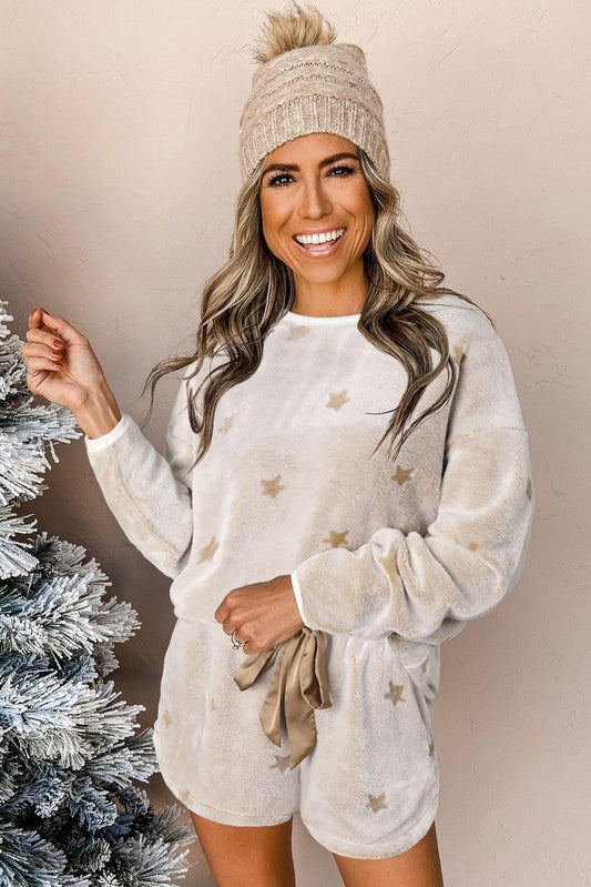 Round Neck Dropped Shoulder Star Print Top and Shorts Lounge Set - Clothes For Her Online Store