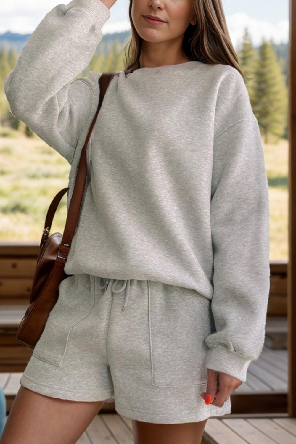 Round Neck Dropped Shoulder Sweatshirt and Shorts Set - Clothes For Her Online Store