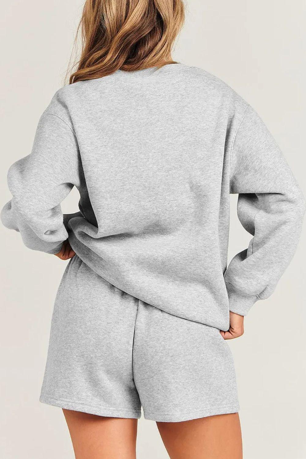 Round Neck Dropped Shoulder Sweatshirt and Shorts Set - Clothes For Her Online Store