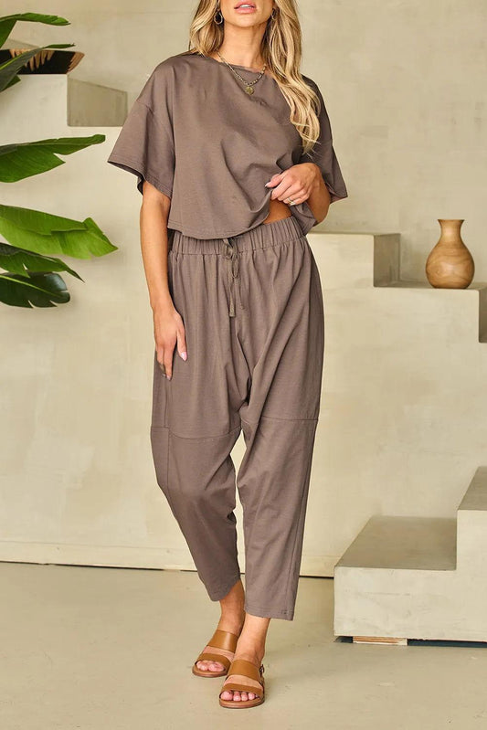 Round Neck Dropped Shoulder Top and Pants Set - Clothes For Her Online Store