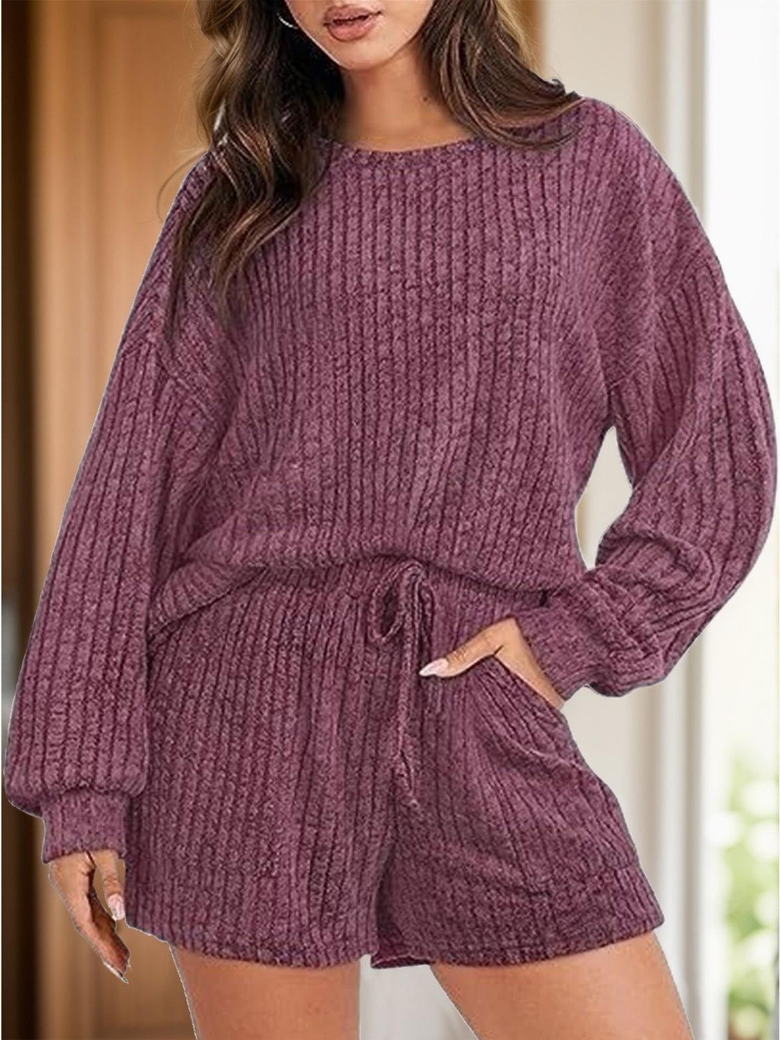 Round Neck Dropped Shoulder Top and Shorts Set - Clothes For Her Online Store