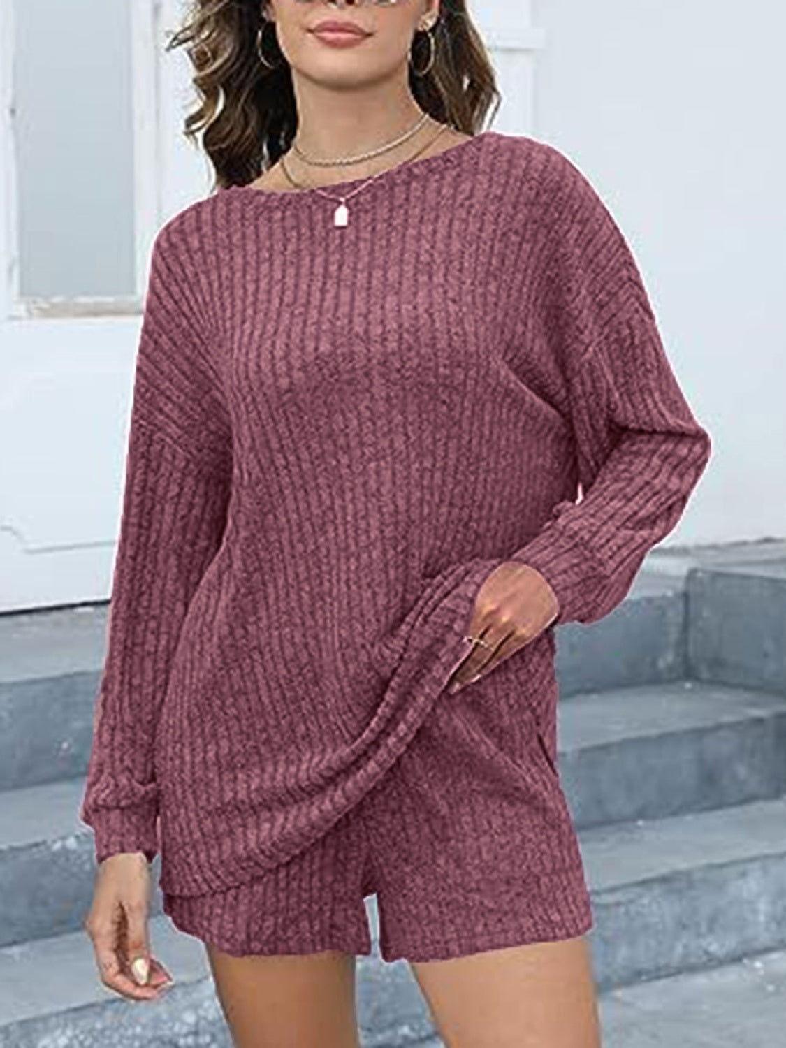 Round Neck Dropped Shoulder Top and Shorts Set - Clothes For Her Online Store