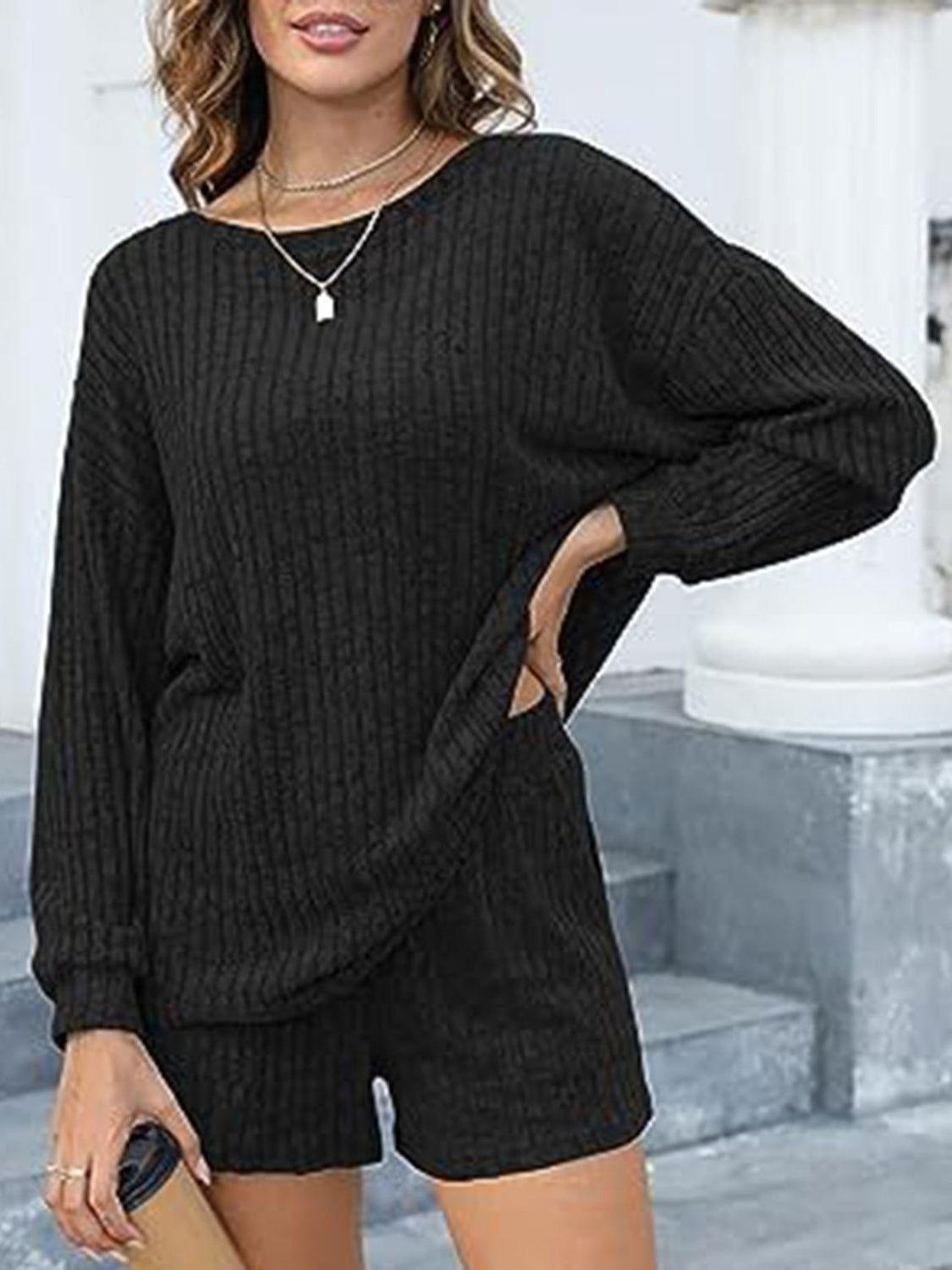 Round Neck Dropped Shoulder Top and Shorts Set - Clothes For Her Online Store
