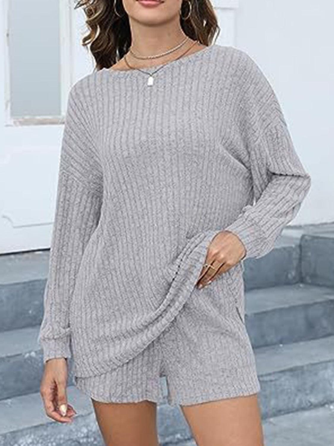 Round Neck Dropped Shoulder Top and Shorts Set - Clothes For Her Online Store