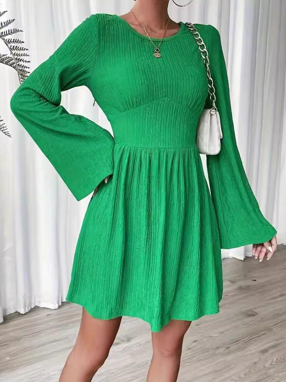 Round Neck Flare Sleeve Mini Dress - Clothes For Her Online Store