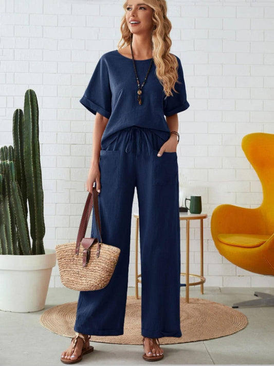 Round Neck Half Sleeve Top and Pocketed Pants Set - Clothes For Her Online Store
