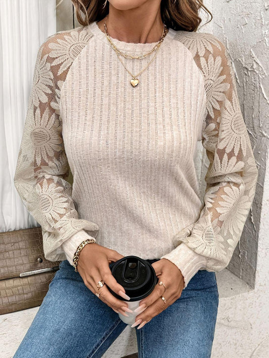 Round Neck Lace Patchwork Long Sleeve Top - Clothes For Her Online Store