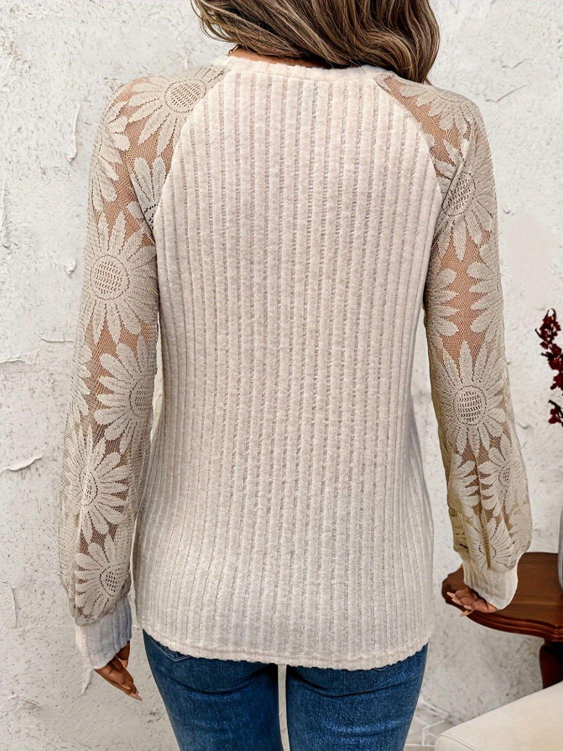 Round Neck Lace Patchwork Long Sleeve Top - Clothes For Her Online Store