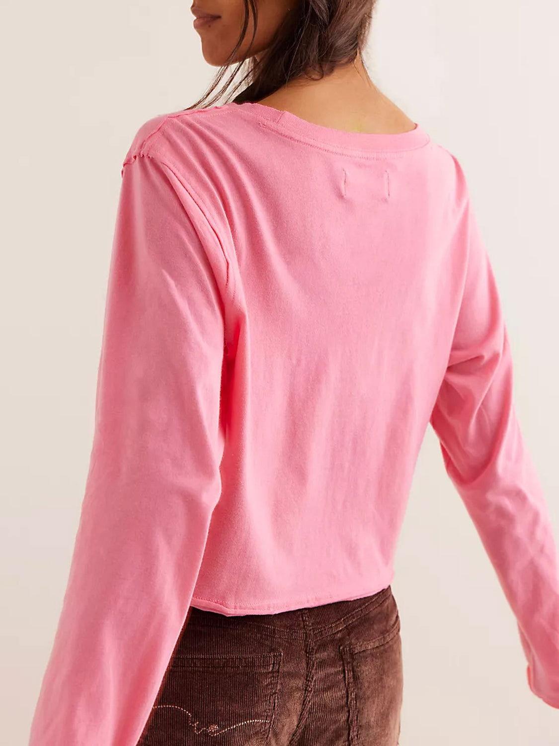 Round Neck Long Sleeve Cropped T-Shirt - Clothes For Her Online Store