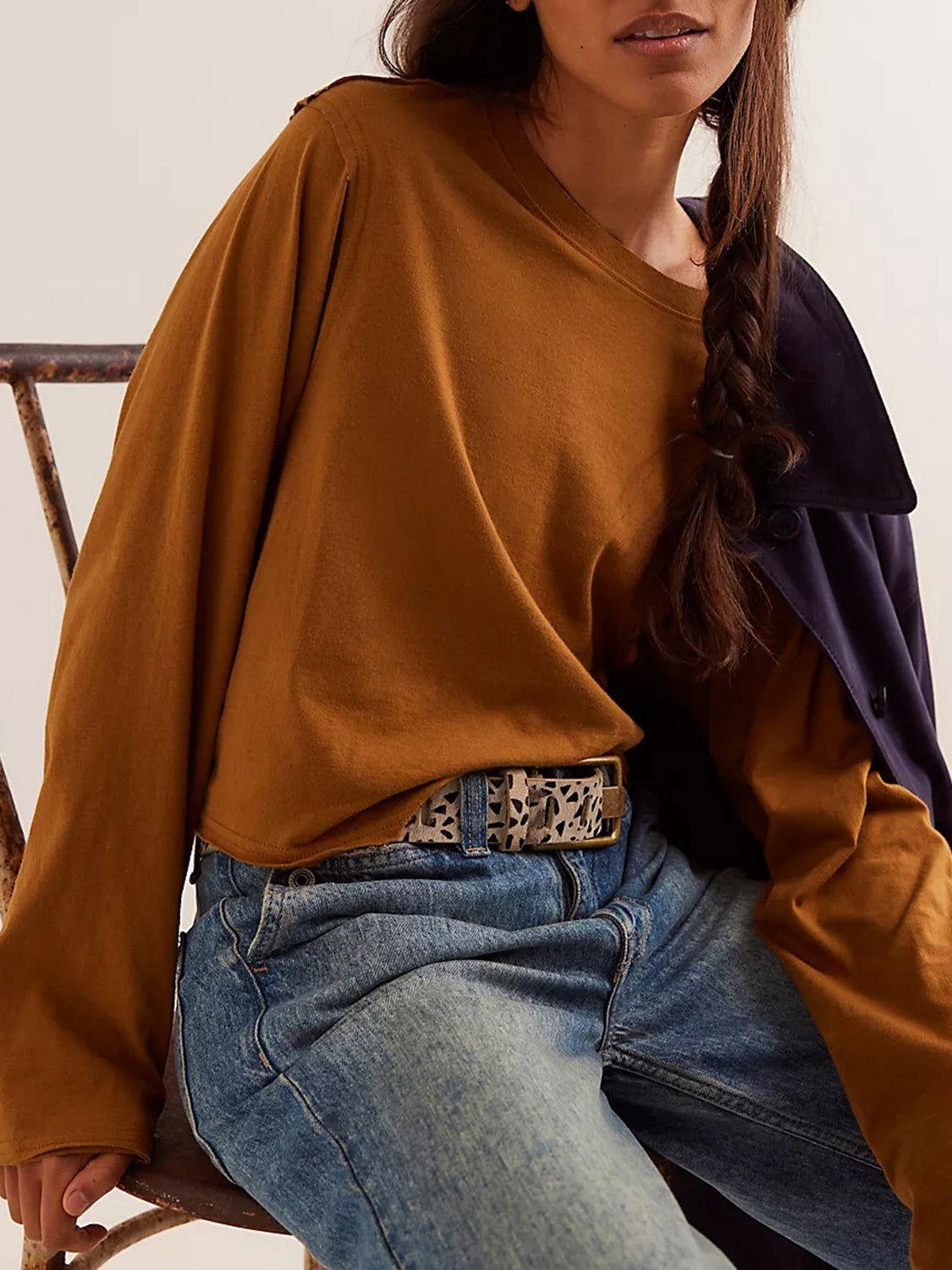 Round Neck Long Sleeve Cropped T-Shirt - Clothes For Her Online Store