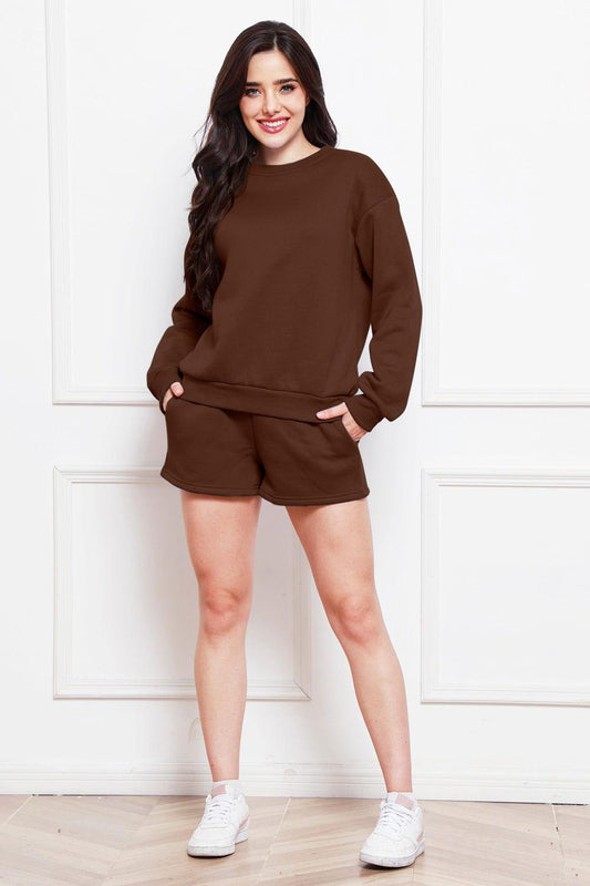Round Neck Long Sleeve Sweatshirt and Drawstring Shorts Set - Clothes For Her Online Store