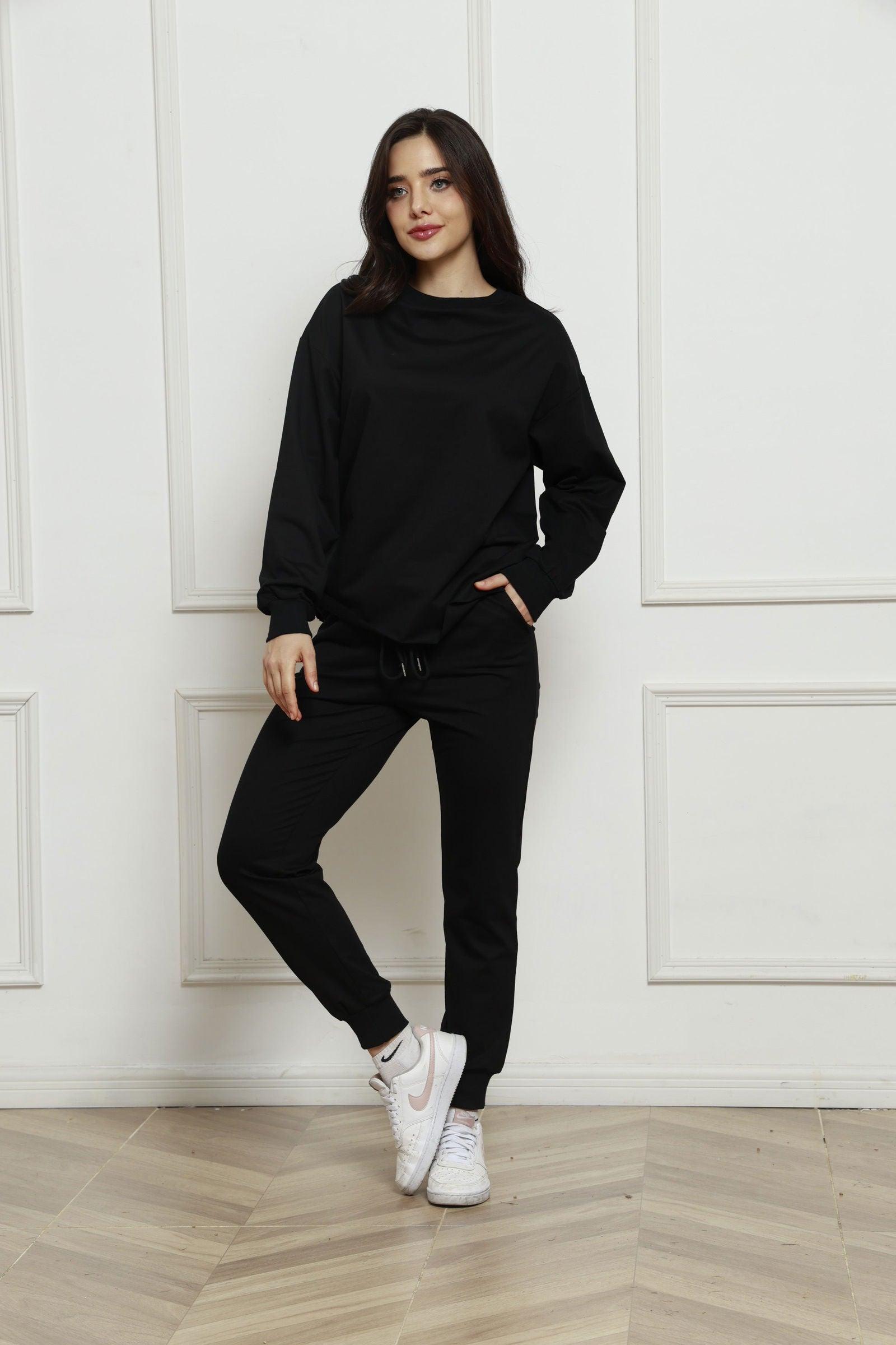 Round Neck Long Sleeve Top and Drawstring Pants Set - Clothes For Her Online Store