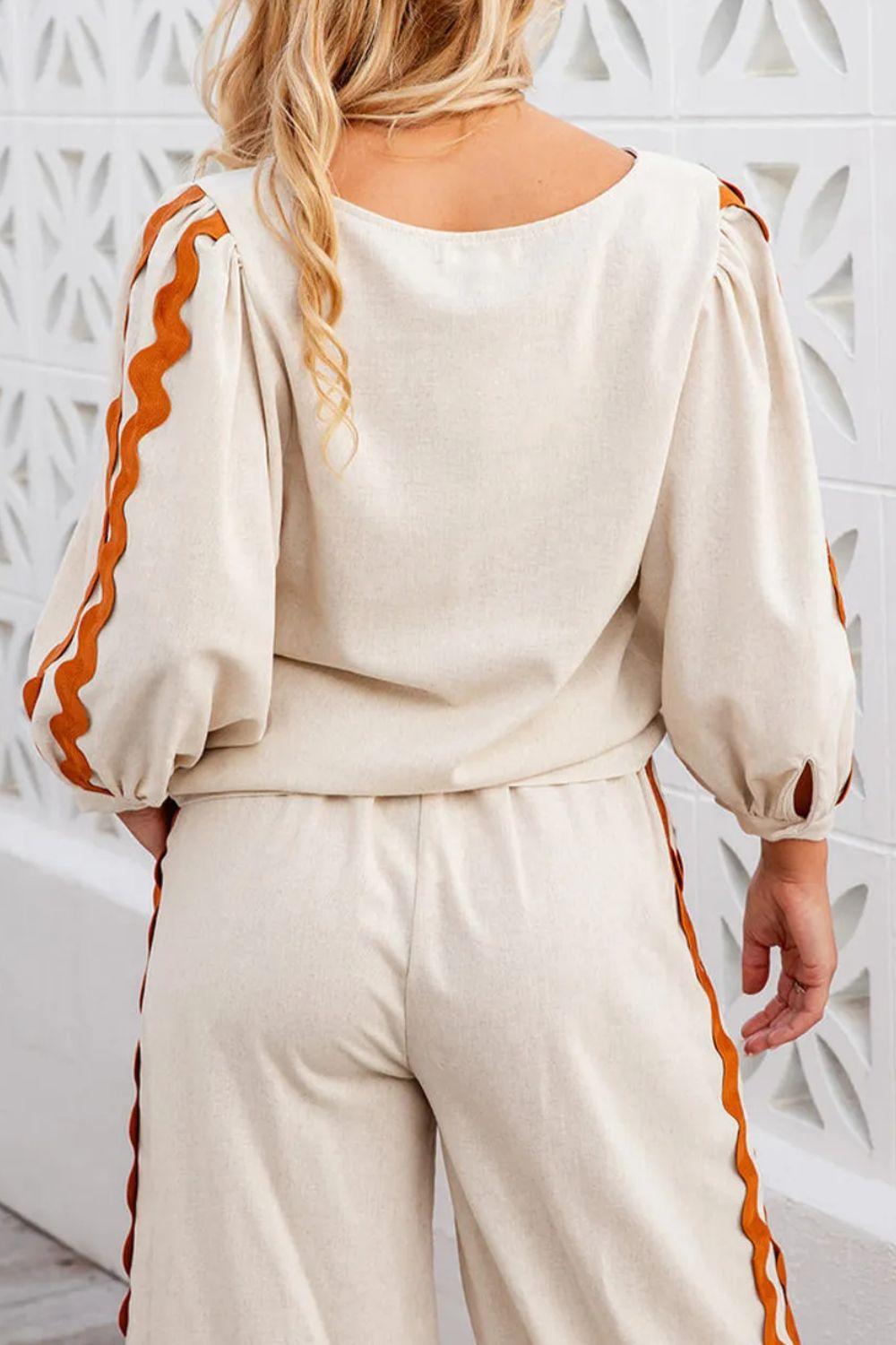 Round Neck Long Sleeve Top and Drawstring Pants Set - Clothes For Her Online Store