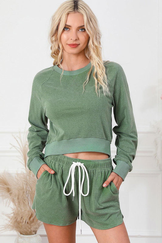Round Neck Long Sleeve Top and Drawstring Shorts Lounge Set - Clothes For Her Online Store