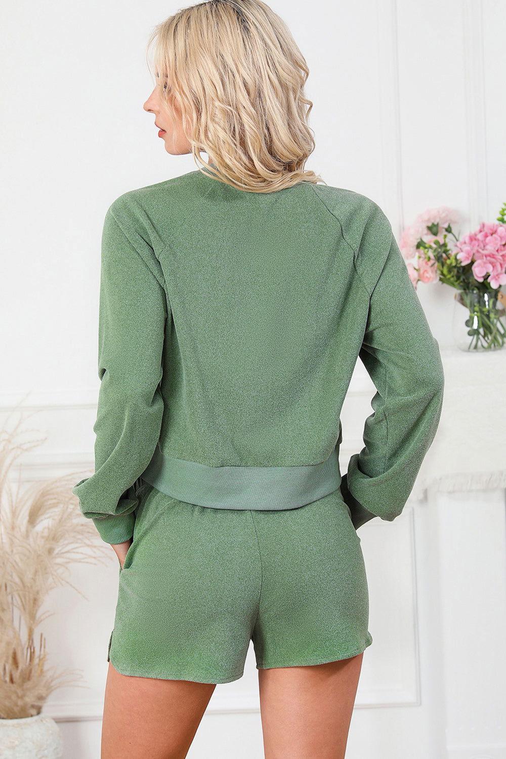 Round Neck Long Sleeve Top and Drawstring Shorts Lounge Set - Clothes For Her Online Store