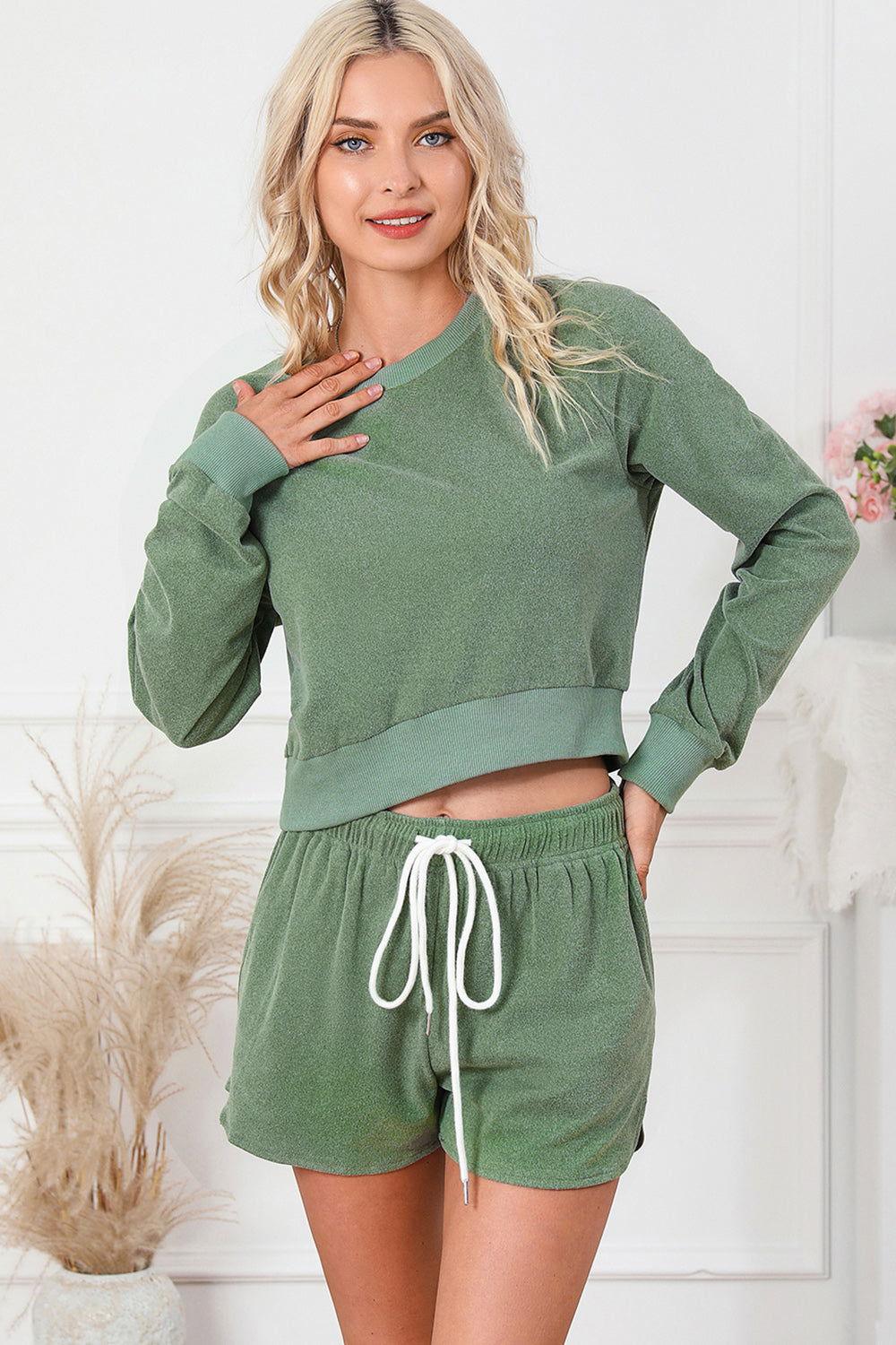 Round Neck Long Sleeve Top and Drawstring Shorts Lounge Set - Clothes For Her Online Store