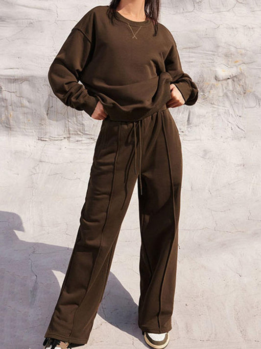 Round Neck Long Sleeve Top and Elastic Waist Pants Set - Clothes For Her Online Store