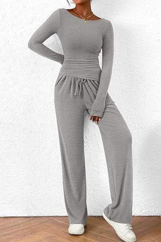 Round Neck Long Sleeve Top and Pants Set - Clothes For Her Online Store
