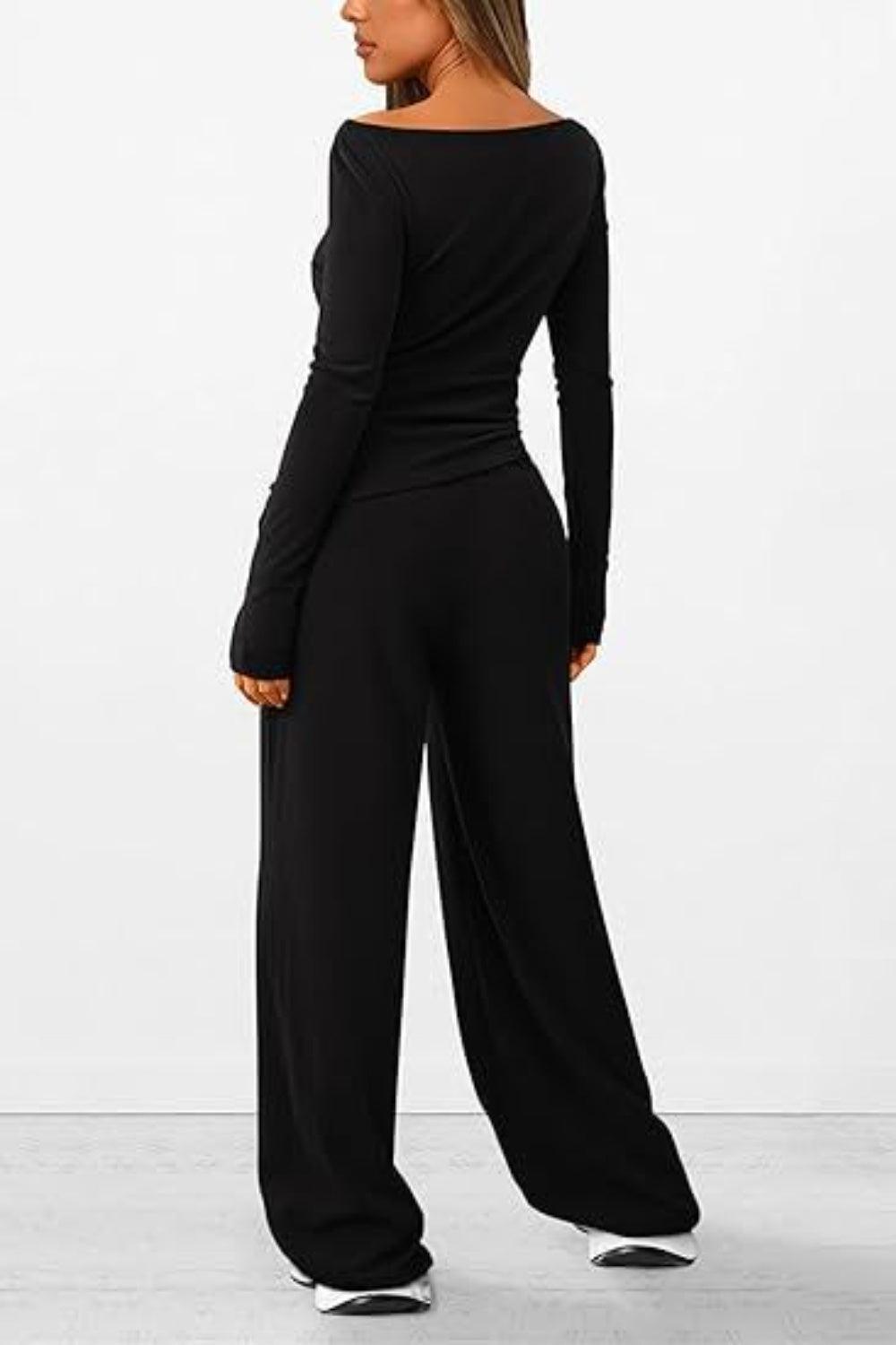 Round Neck Long Sleeve Top and Pants Set - Clothes For Her Online Store