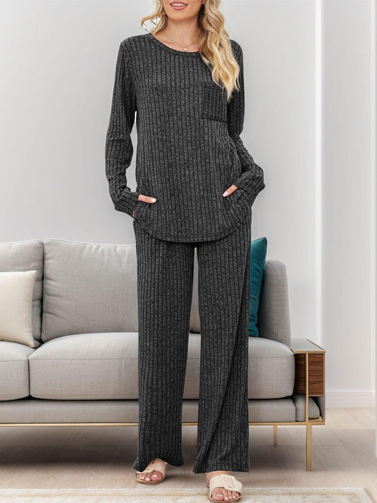 Round Neck Long Sleeve Top and Pants Set - Clothes For Her Online Store
