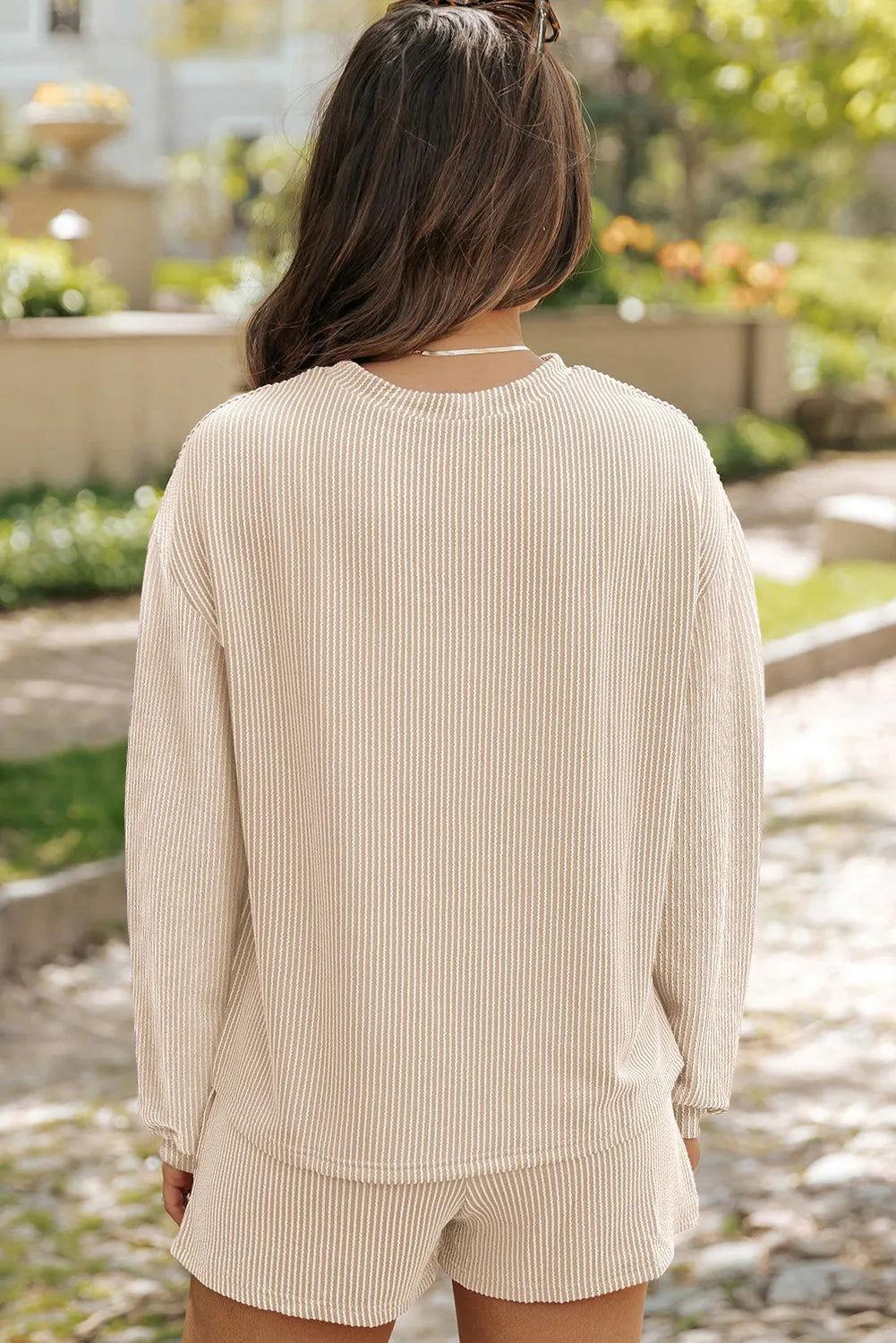 Round Neck Long Sleeve Top and Shorts Set - Clothes For Her Online Store