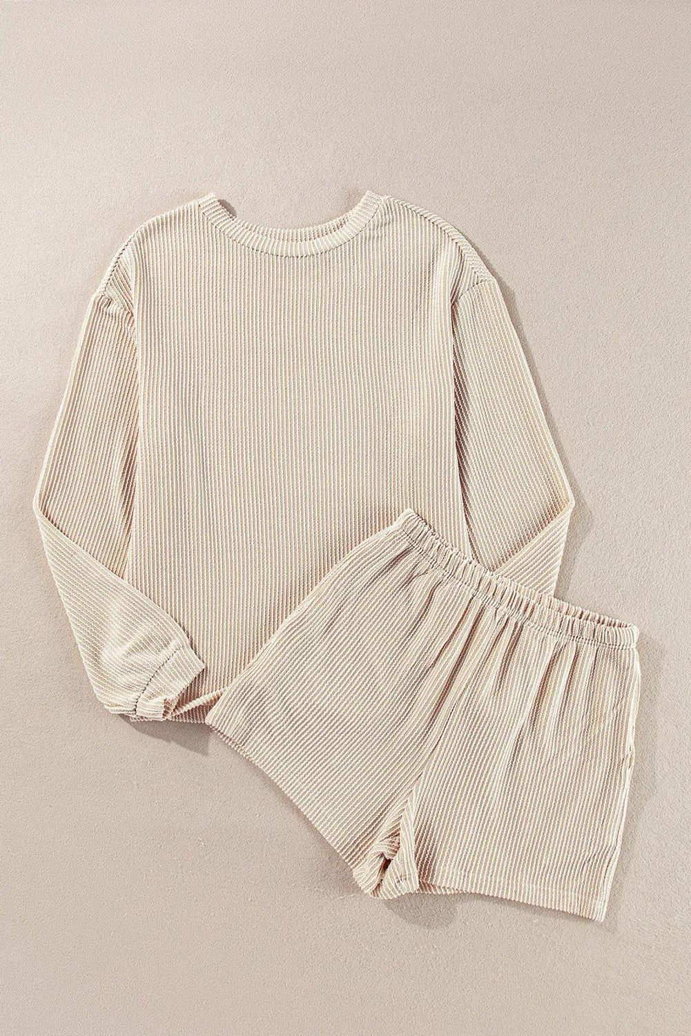 Round Neck Long Sleeve Top and Shorts Set - Clothes For Her Online Store