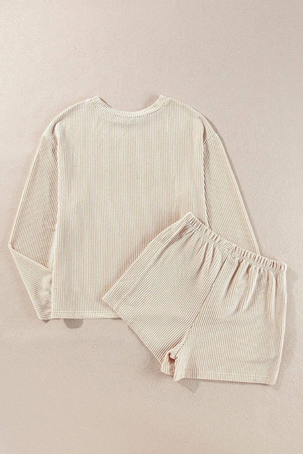 Round Neck Long Sleeve Top and Shorts Set - Clothes For Her Online Store