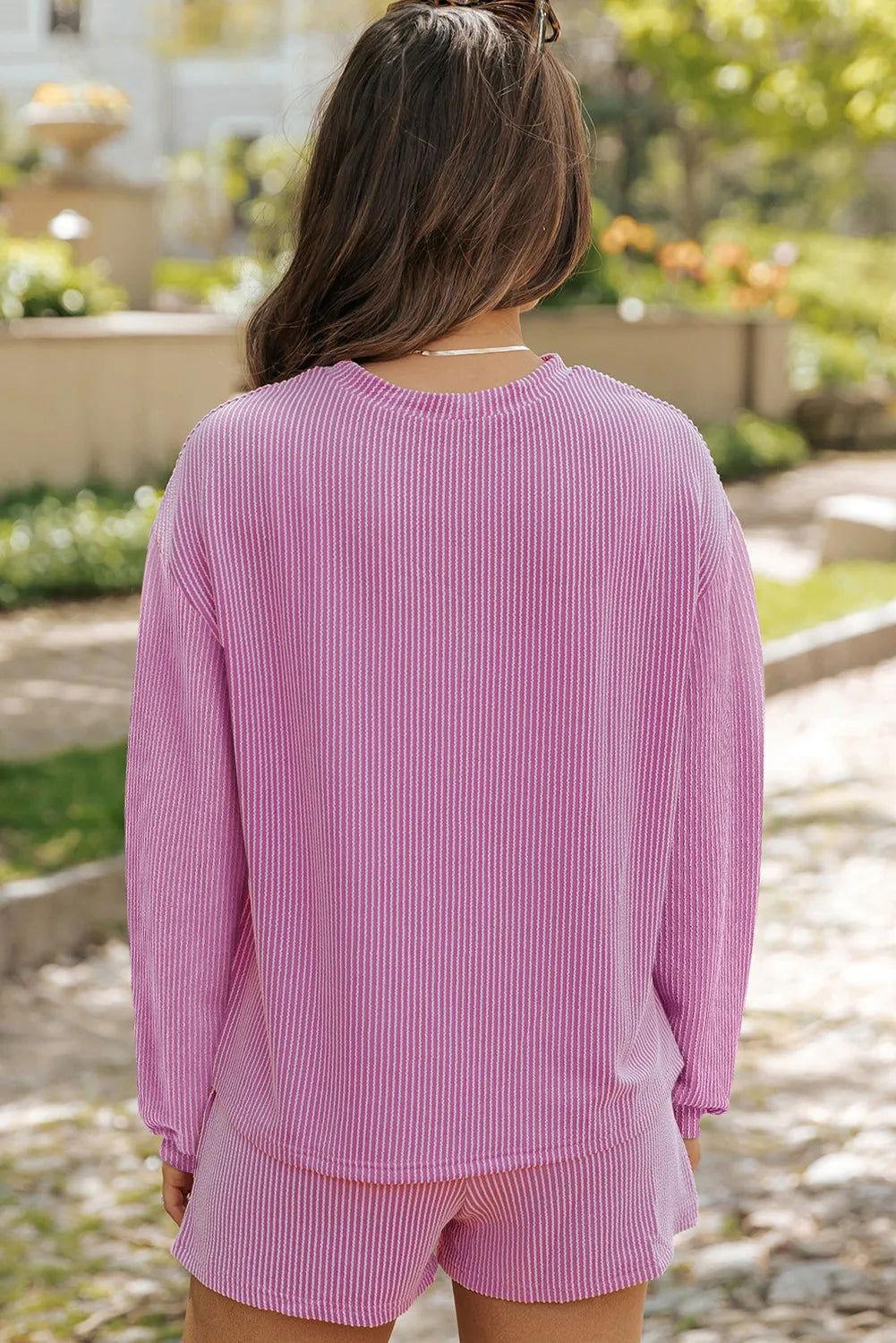 Round Neck Long Sleeve Top and Shorts Set - Clothes For Her Online Store